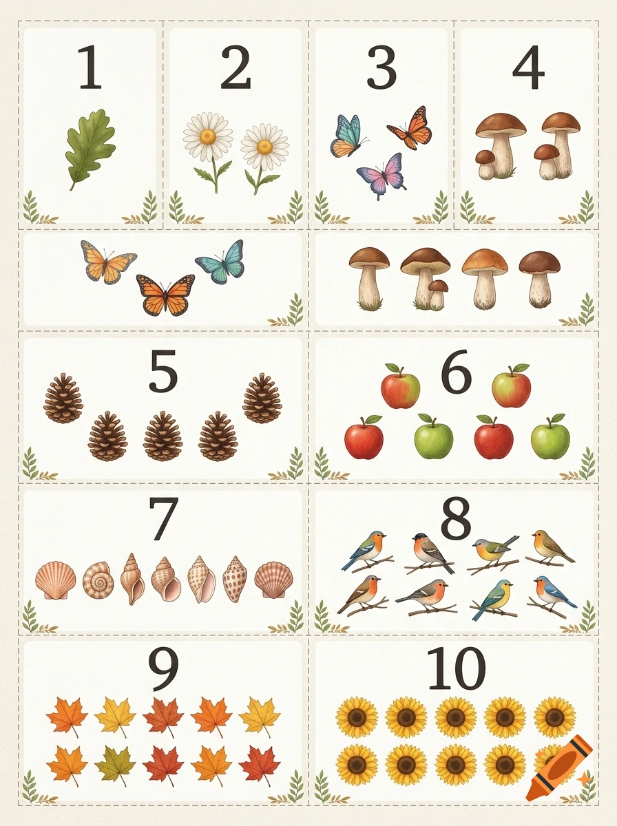 Educational counting cards from 1 to 10 with illustrated nature themes including leaves, flowers, and animals.