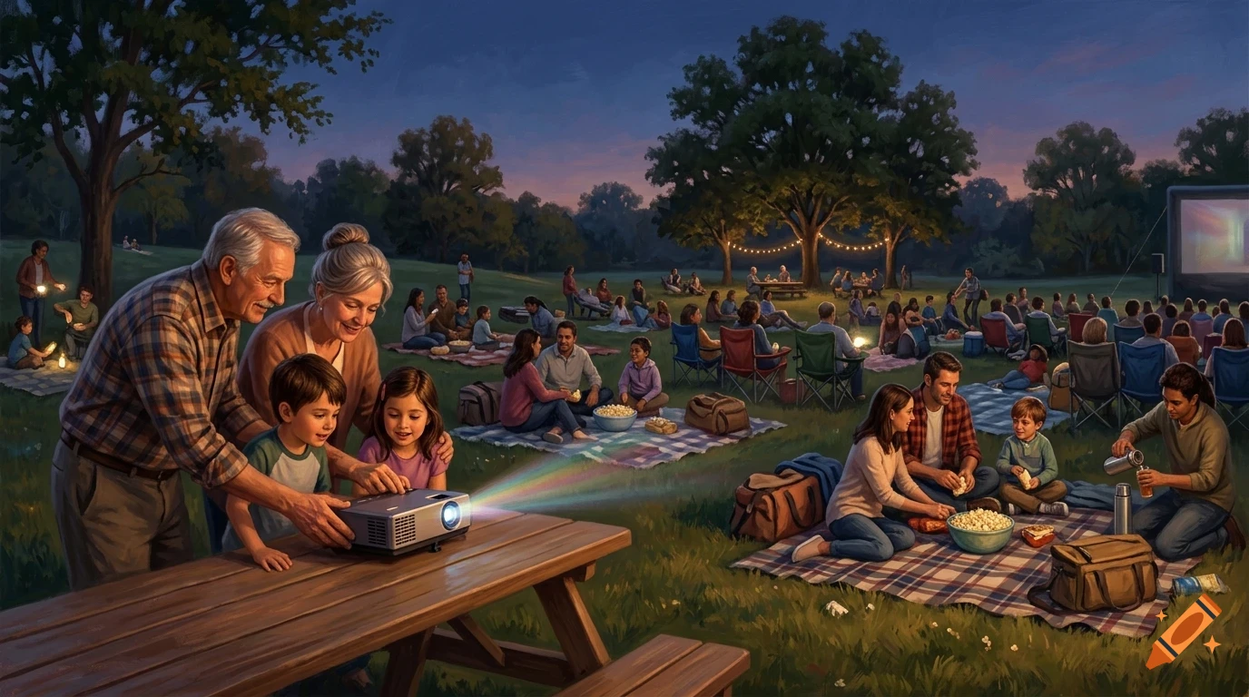 An outdoor movie night gathering in a park with families and couples watching a screen.