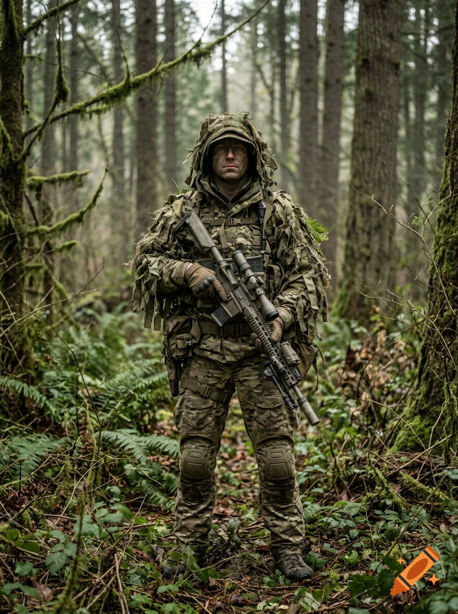 A photorealistic image of a soldier in camouflage gear and a ghillie suit standing in a dense forest, holding a scoped rifle.