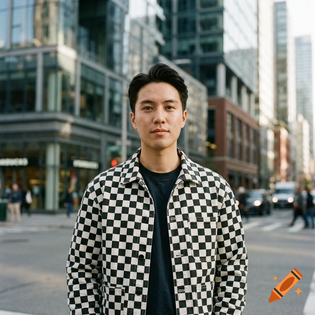 Photorealistic portrait of a young man wearing a black and white checkered jacket standing on a city street.