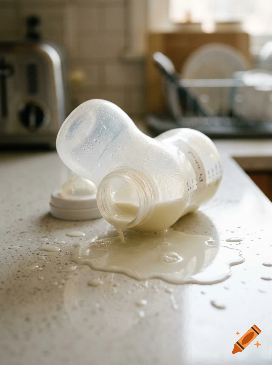 A spilled baby bottle of milk on a kitchen counter, photorealistic.
