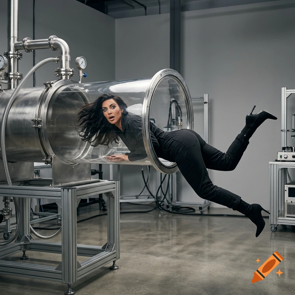 Photorealistic image of Kim Kardashian being sucked headfirst into a large transparent vacuum tube in a laboratory setting.