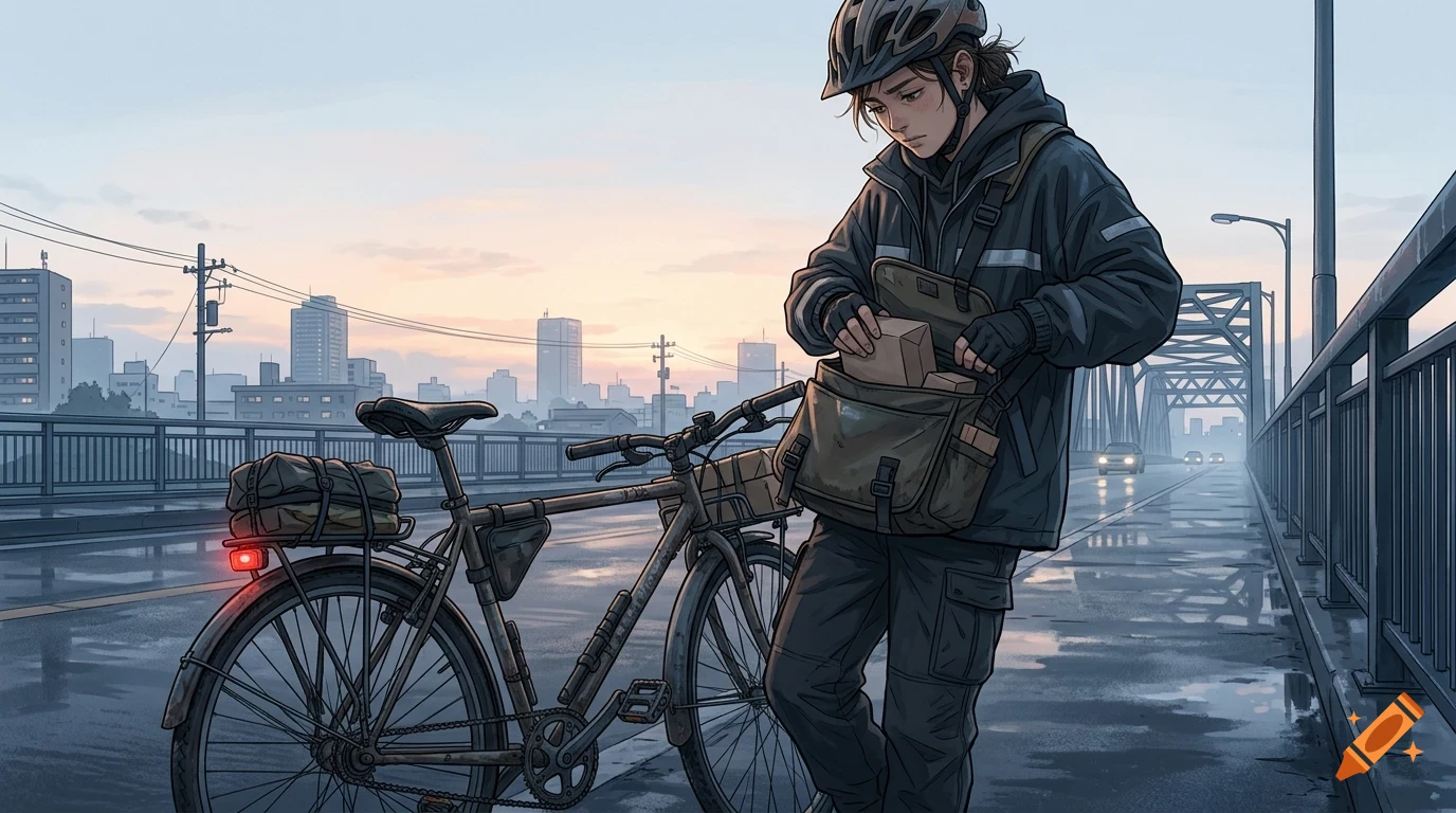 A cyclist stands on a bridge at dawn, looking into a messenger bag next to a loaded bicycle, with a city skyline in the background.