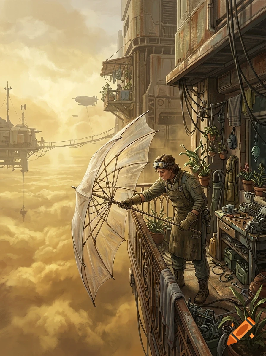 A person wearing goggles and an apron stands on a balcony holding a large umbrella, looking out over a city above the clouds with airships in the distance.