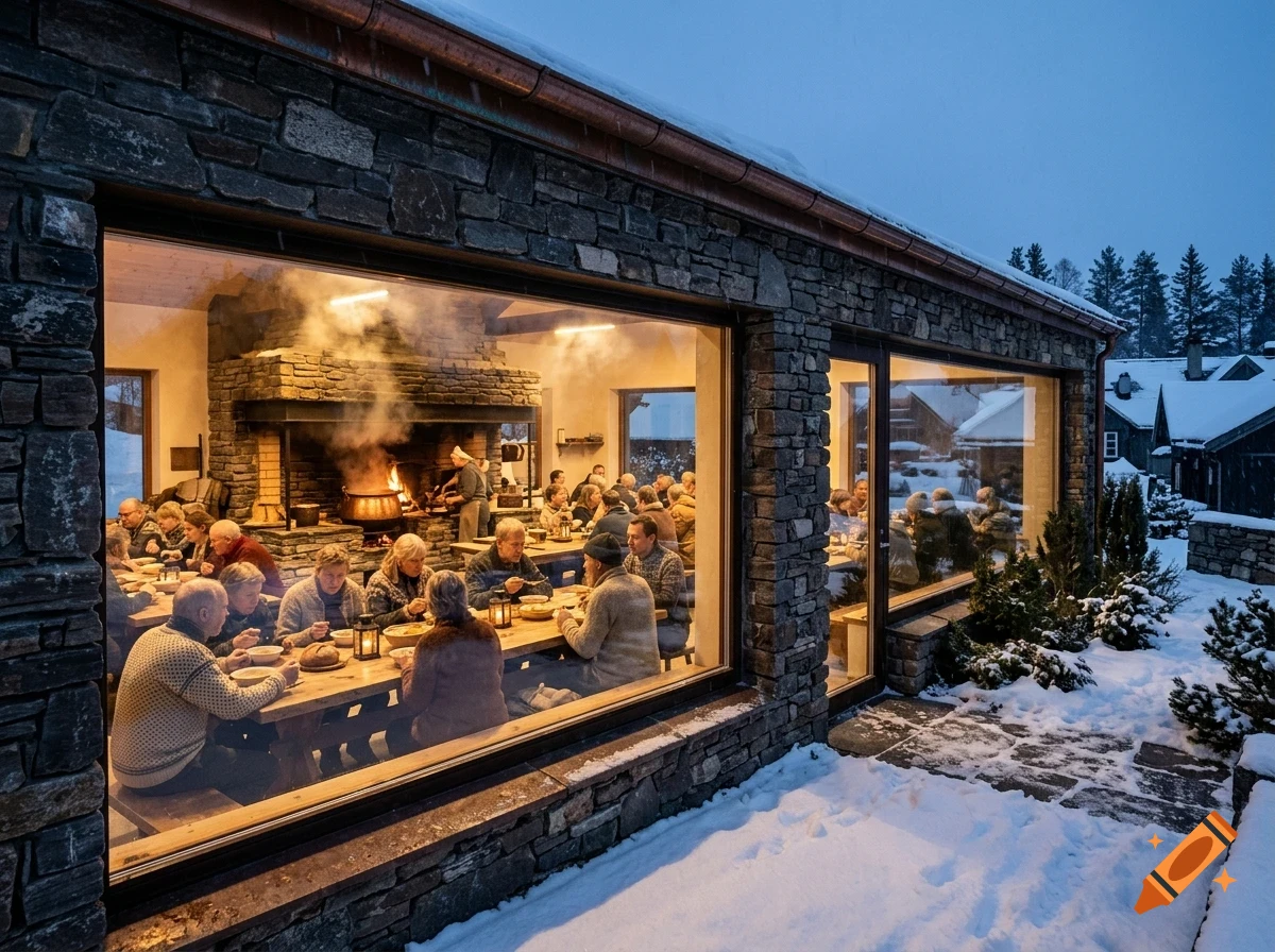 People dining together inside a warm, stone-built restaurant with large glass windows overlooking a snowy winter landscape at dusk.