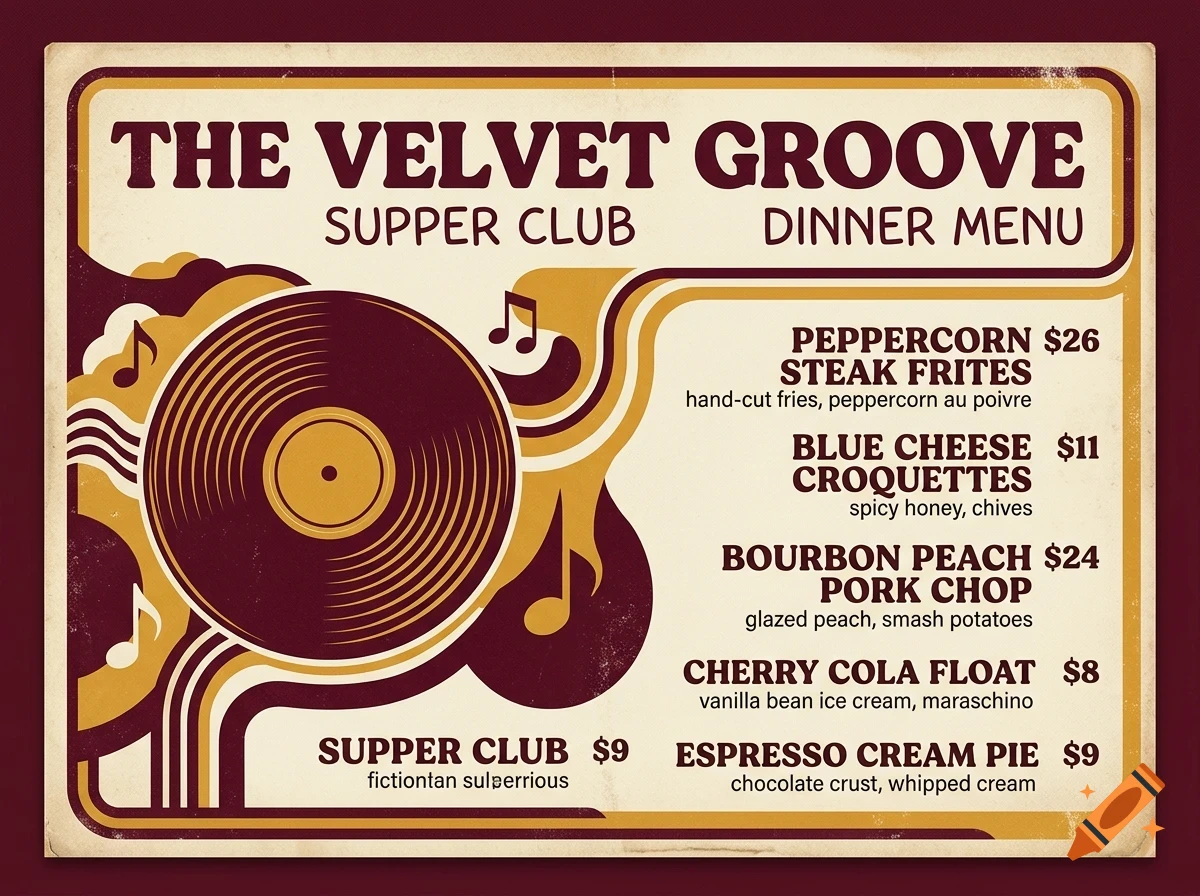 Vintage dinner menu design for The Velvet Groove Supper Club, featuring a vinyl record graphic and retro lettering.