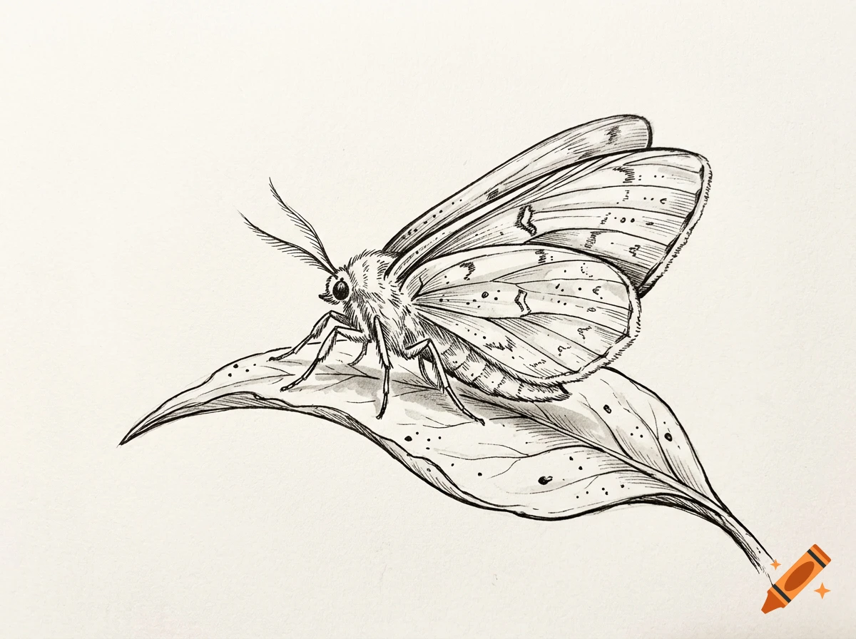 Ink sketch of a moth in side view, resting on a speckled leaf.