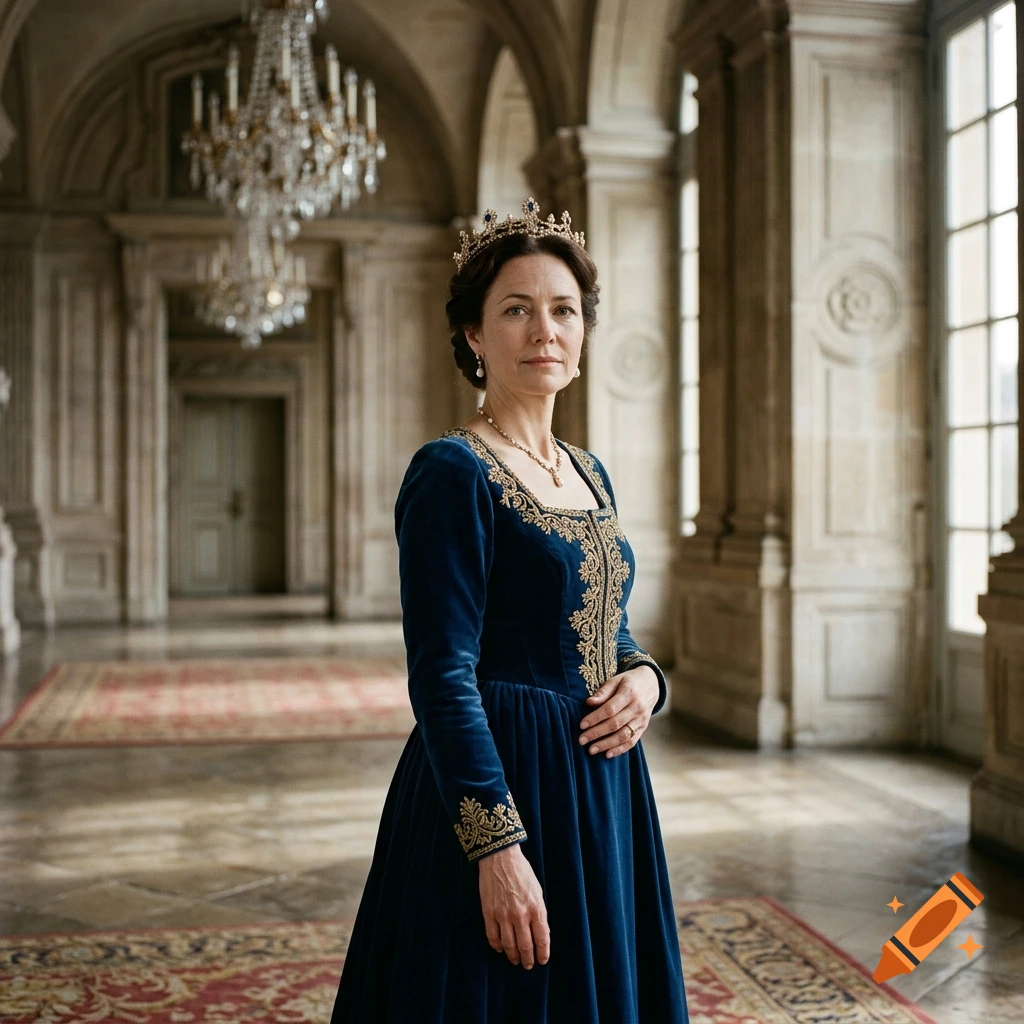 Photorealistic portrait of a queen wearing a blue velvet dress and crown inside a grand palace hall.