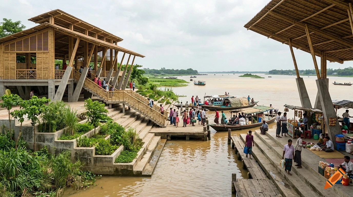 A bustling river port with traditional wooden boats, a modern bamboo structure, and people gathering along concrete steps and docks by the water.