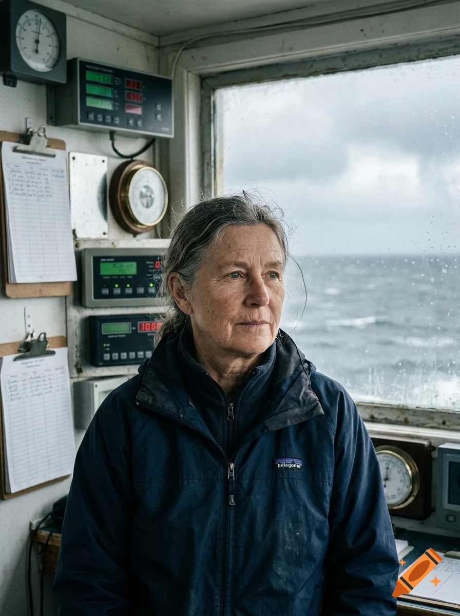 An older woman with grey hair wearing a blue jacket standing inside a boat's cabin looking out the window at the sea.
