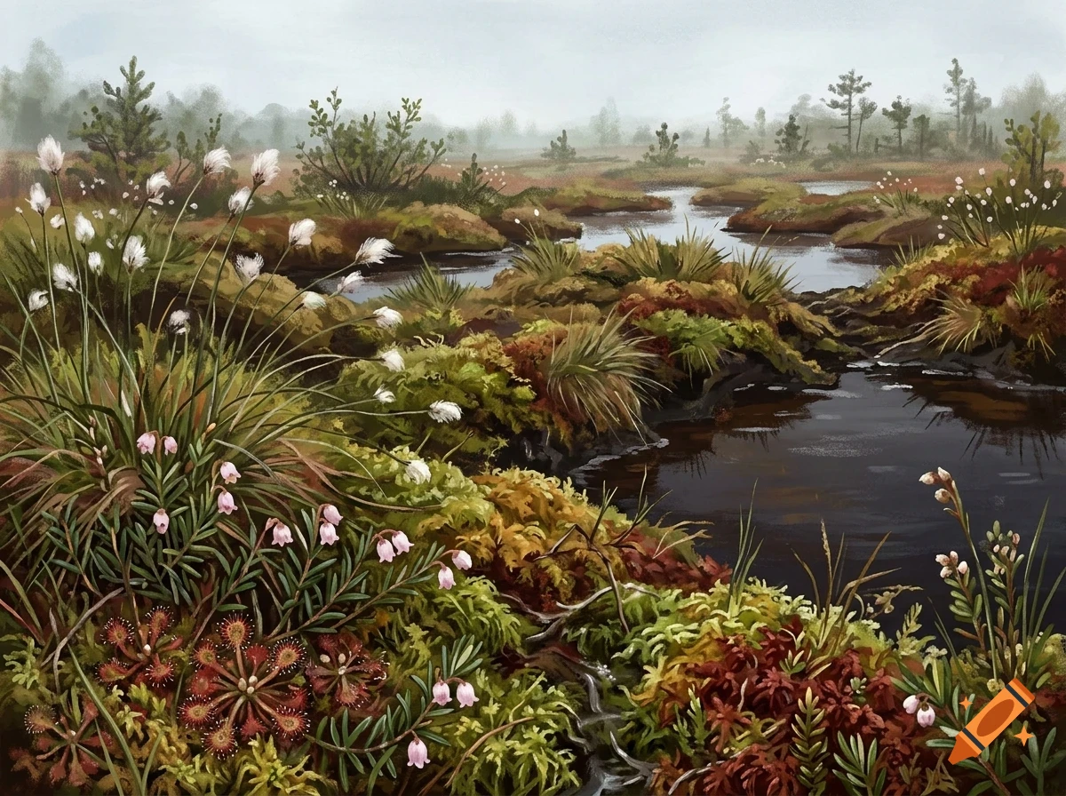 A digital painting of a misty bog landscape with winding streams, mossy banks, and flowering marsh plants.
