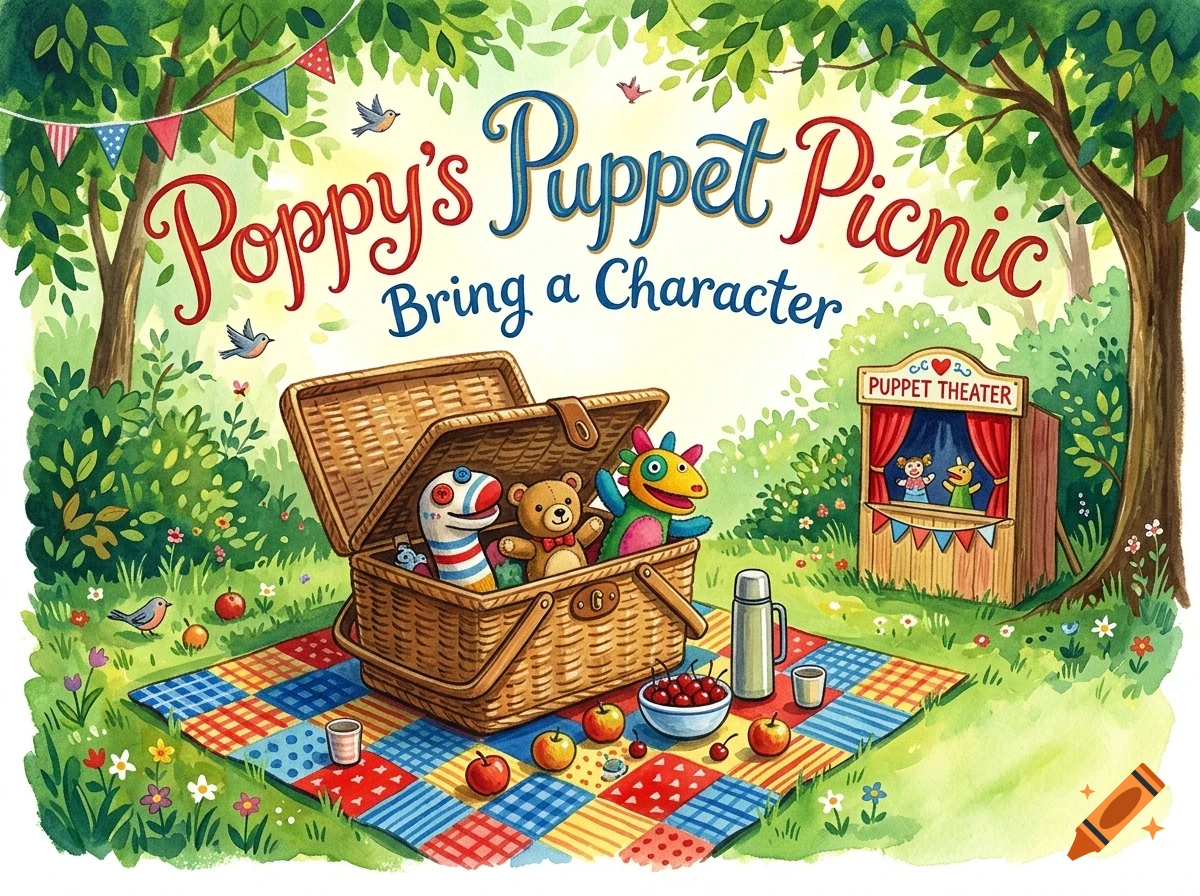 An outdoor picnic scene featuring a basket filled with toys, a puppet theater, and a quilt on the grass with fruit, accompanied by the text Poppy's Puppet Picnic.