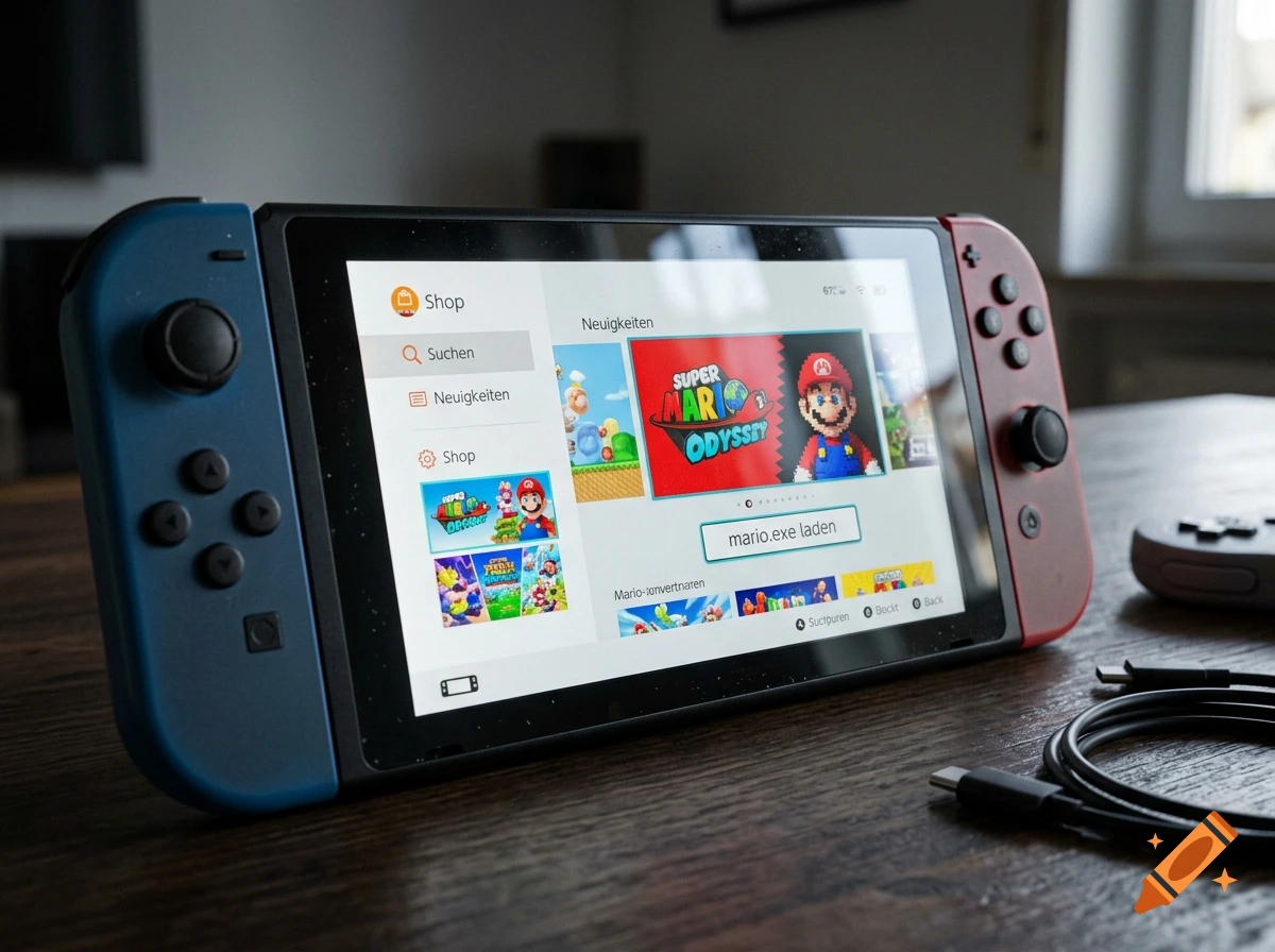 Close-up of a Nintendo Switch console on a wooden table, displaying the eShop menu with a Mario game tile.