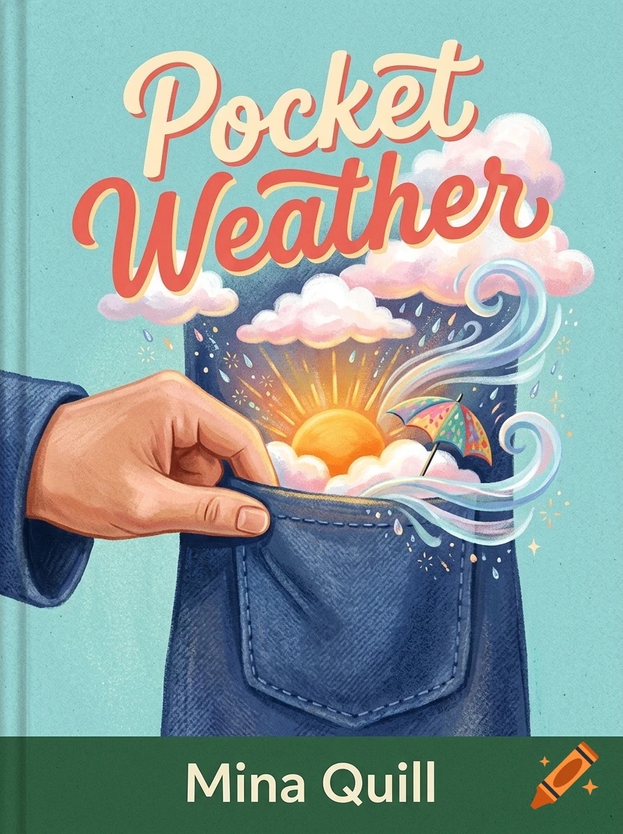 An illustrated book cover with the title Pocket Weather and author Mina Quill, showing a hand reaching into a denim pocket from which a sun, clouds, rain, wind, and a small umbrella emerge.