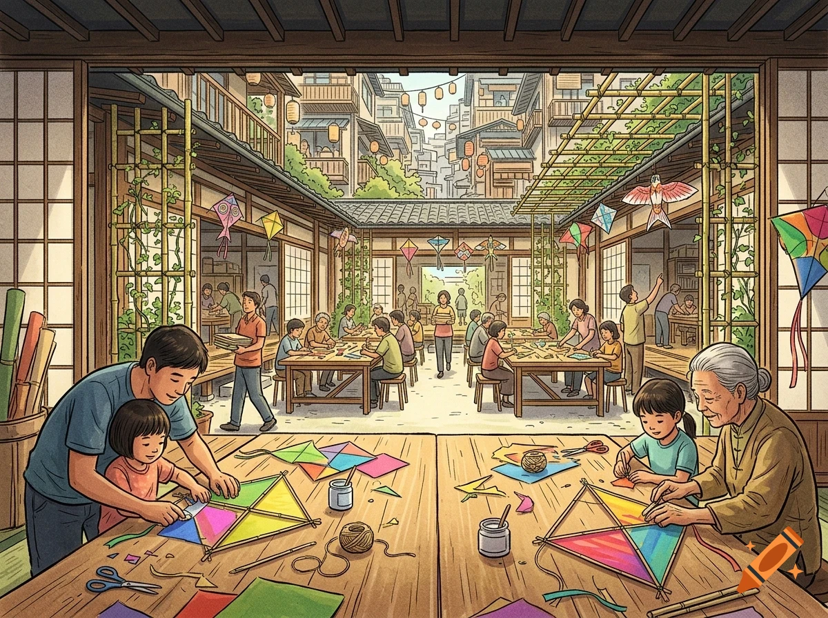 An illustrated workshop where adults and children are gathered around wooden tables making kites together, with traditional buildings visible outside.