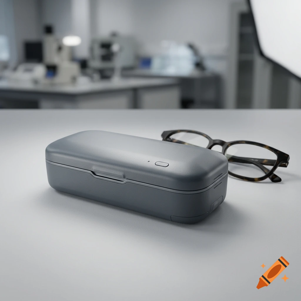 A sleek, grey self-cleaning glasses case with a pair of tortoiseshell-rimmed glasses resting beside it on a light grey surface in a lab setting.