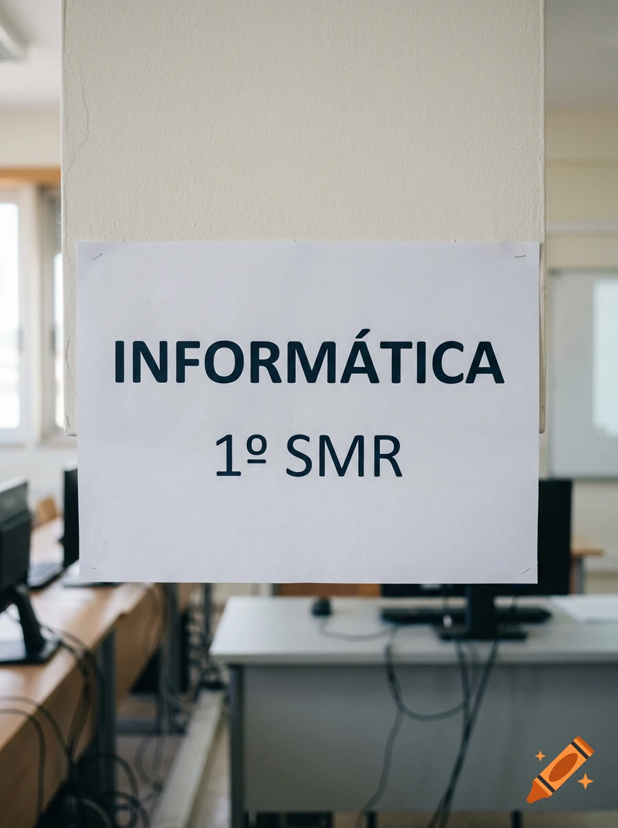 A close-up of a white paper sign attached to a pillar in a computer classroom, reading 'INFORMÁTICA 1º SMR'.