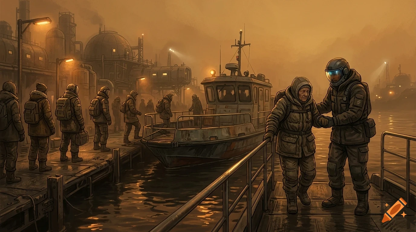 An astronaut assisting an elderly person in heavy clothing on a dock next to a boat, with industrial buildings in the hazy background.