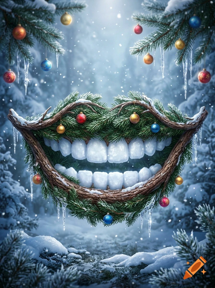 A smiling mouth formed from evergreen branches and pine needles, decorated with colorful Christmas ornaments and icicles, with teeth made of packed snow, set against a snowy winter forest background.
