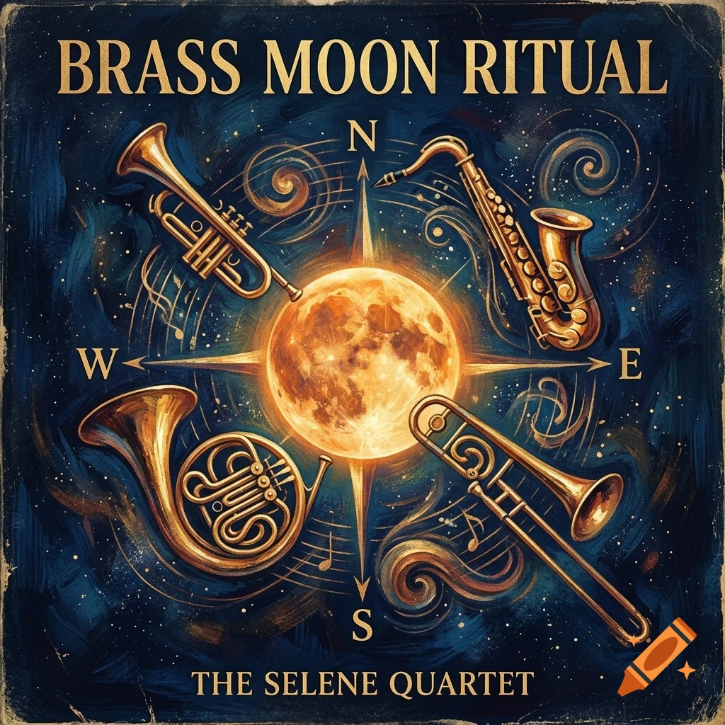 An artistic illustration featuring brass musical instruments surrounding a central golden moon and compass rose against a starry dark blue background, with text reading BRASS MOON RITUAL and THE SELENE QUARTET.