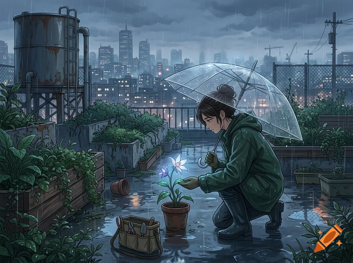 A person in a raincoat kneels on a rooftop garden in the rain, holding a transparent umbrella and tending to a glowing potted flower.