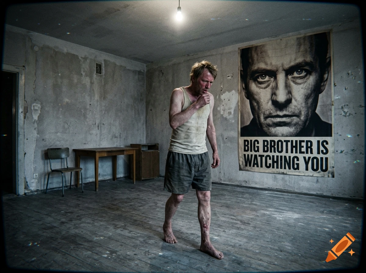 A frail man in a dingy room walking past a large poster reading BIG BROTHER IS WATCHING YOU, photorealistic style.