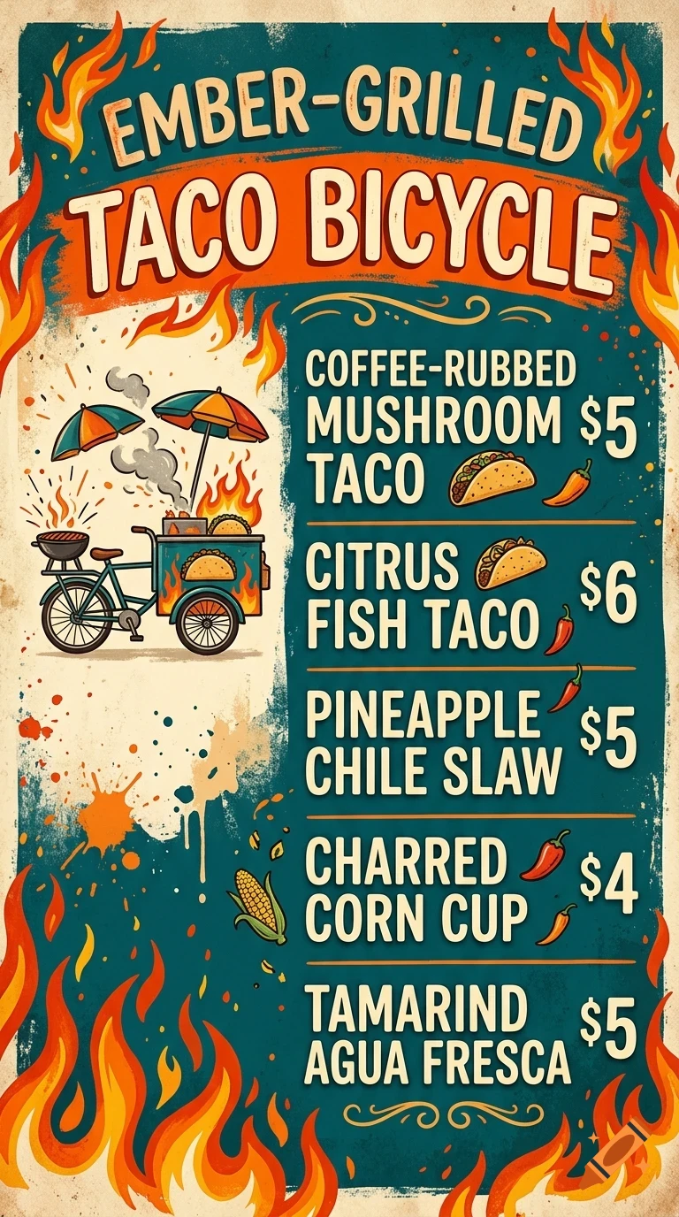 A vintage-style poster for Ember-Grilled Taco Bicycle, listing menu items like tacos, corn, and agua fresca with flame illustrations.