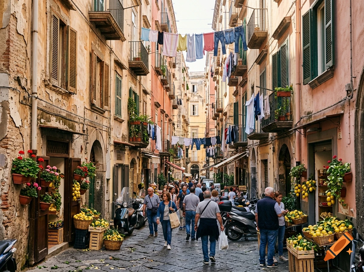 Photorealistic narrow street in Naples lined with old buildings, laundry hanging overhead, and people walking among fruit stands.