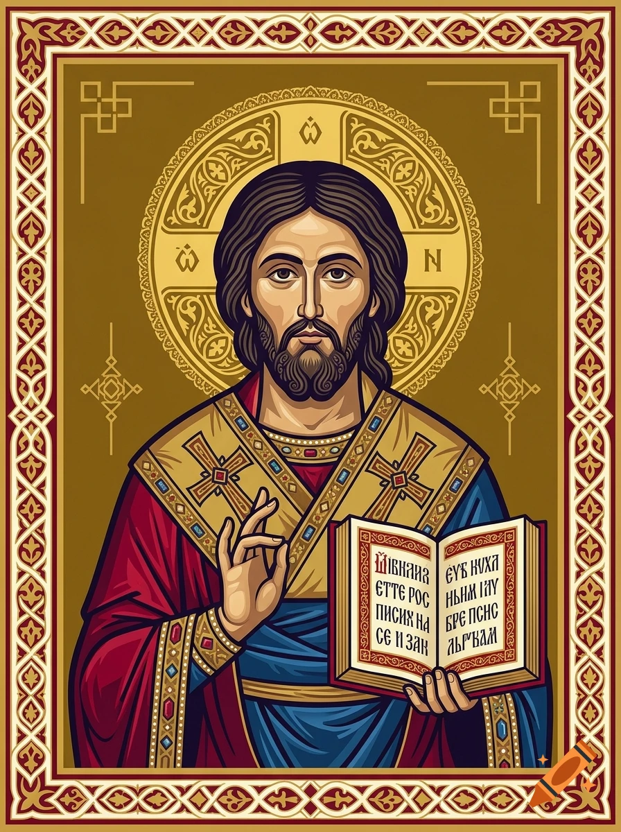 Byzantine style icon of a religious figure holding a book, with intricate gold halo and decorative border.
