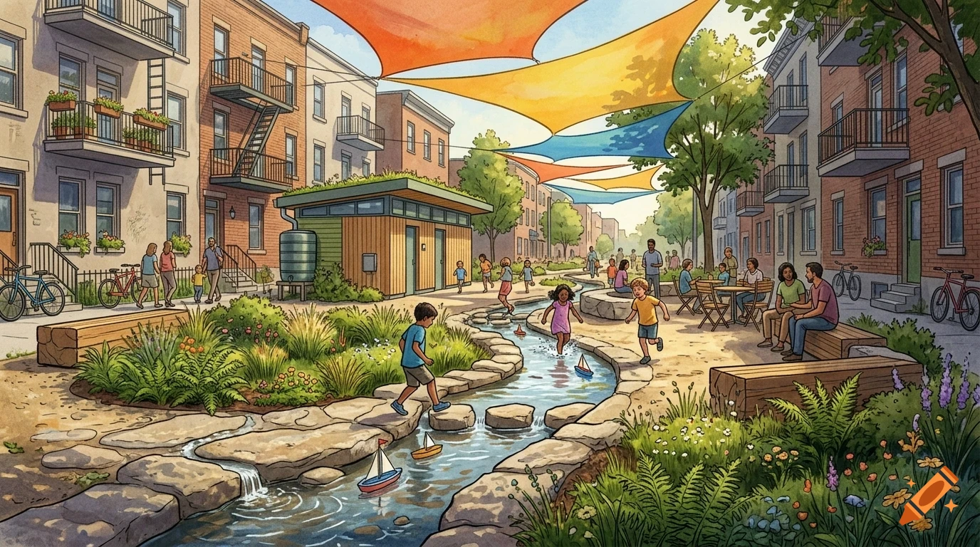 A vibrant watercolor illustration of a city street transformed into a green space with a flowing stream, children playing, and colorful sunshades overhead.