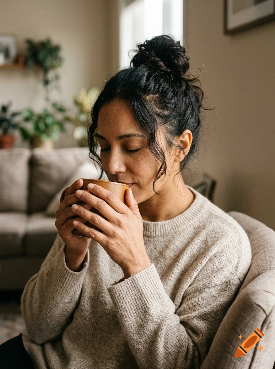 Photorealistic close-up of a brown-skinned woman with a messy hair bun sitting in a chair, eyes closed while holding and smelling a coffee mug.