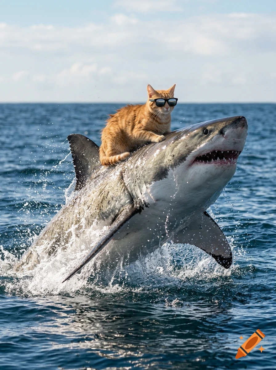 An orange tabby cat wearing sunglasses riding on the back of a great white shark breaching the ocean surface.