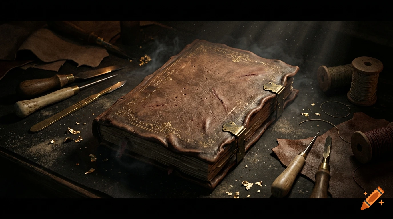Cinematic illustration of an ancient leather manuscript on a workbench surrounded by tools and gold leaf.