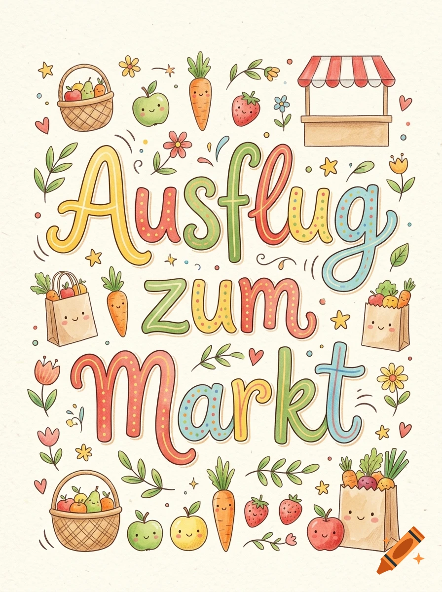 Colorful watercolor illustration with the text 'Ausflug zum Markt' surrounded by cute fruits, vegetables, and market elements.