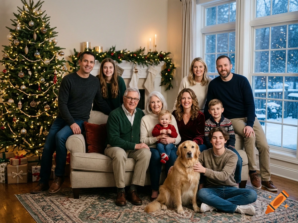 Photorealistic family portrait with nine people and a dog gathered around a Christmas tree in a living room.