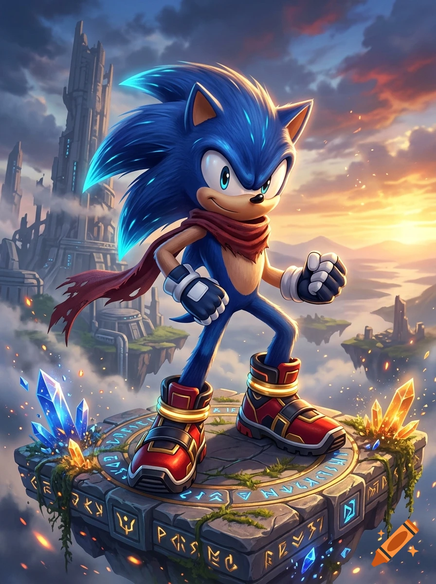 A blue hedgehog character with red shoes and gloves standing heroically on a floating stone platform with glowing runes, in a digital art style.
