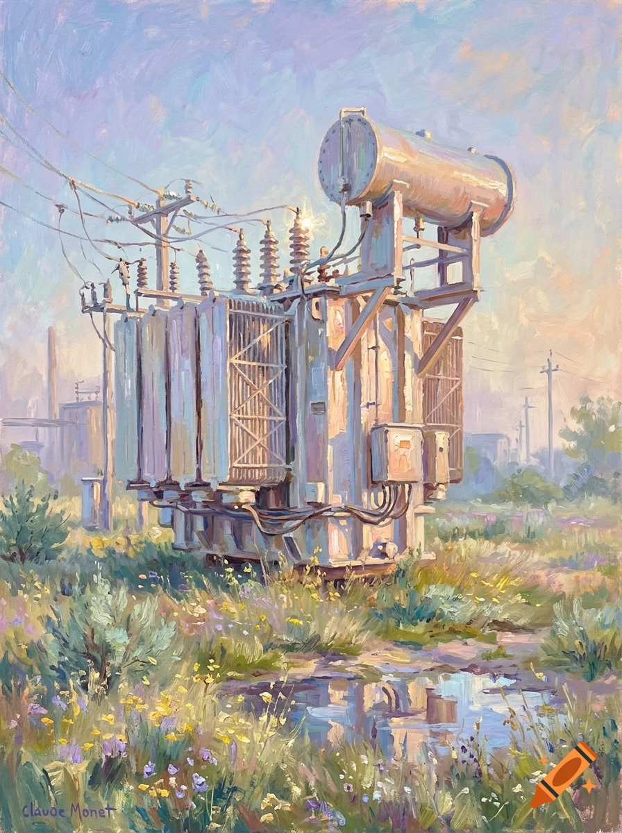An impressionist oil painting of an electrical transformer in a grassy meadow with wildflowers under a pastel sky, in the style of Claude Monet.