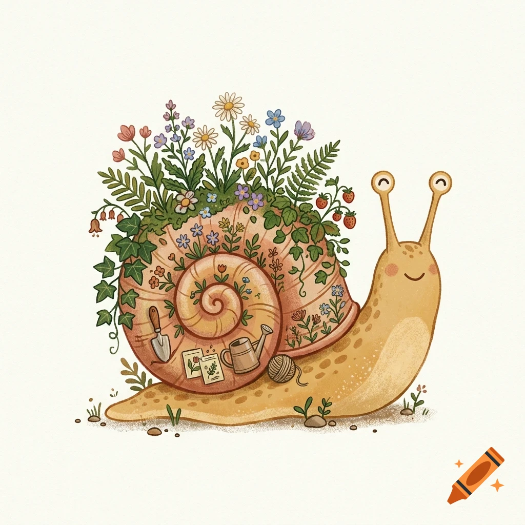 An illustrated cute snail with flowers, plants, and tiny gardening tools growing out of its shell.