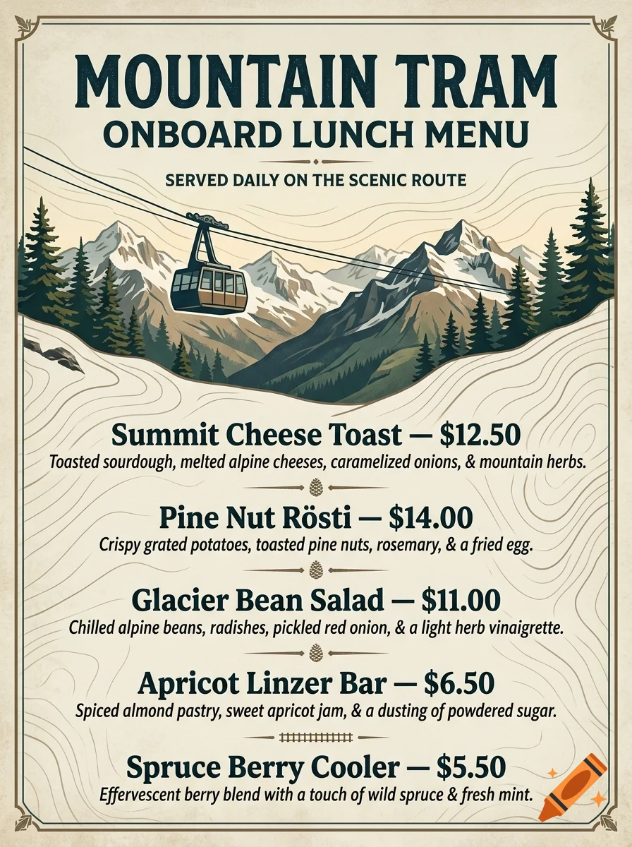 Vintage styled menu for Mountain Tram onboard lunch featuring a cable car over snowy mountains and a list of food items.