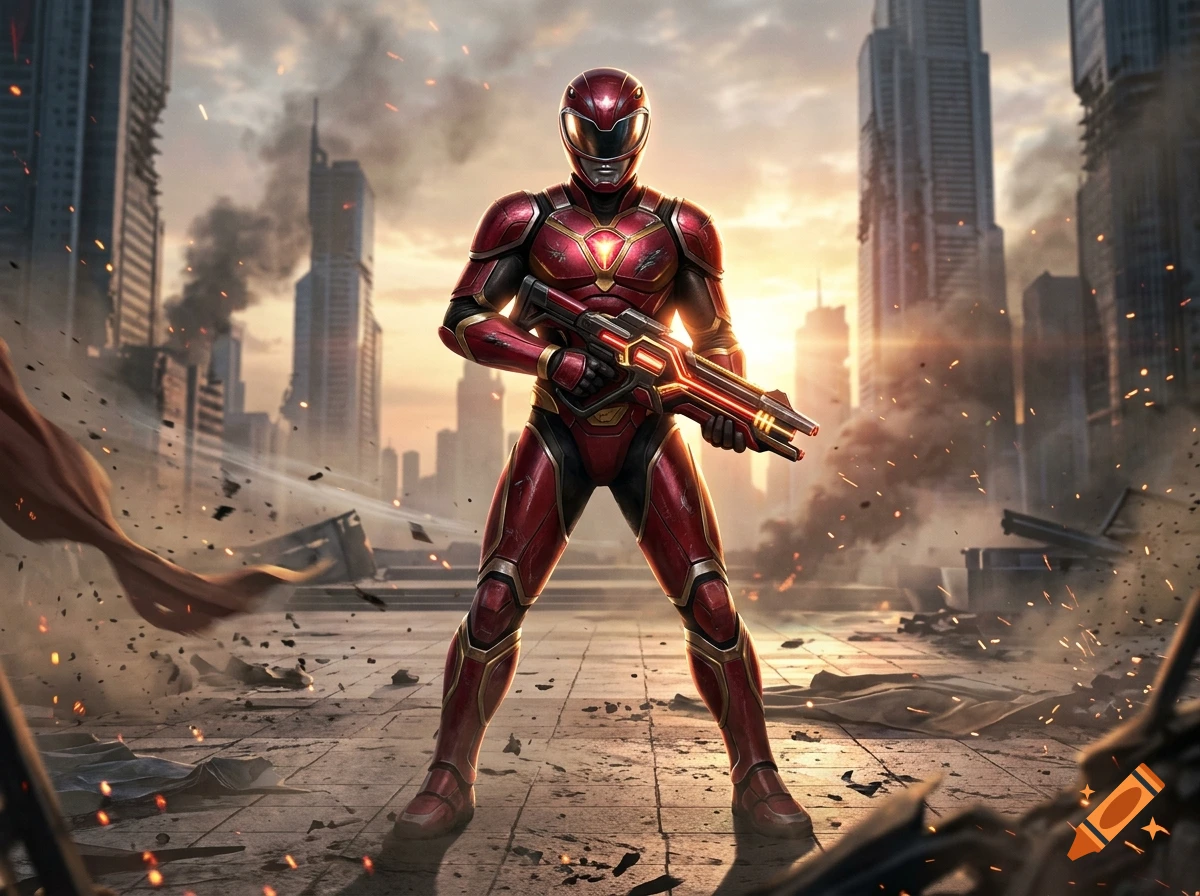 A photorealistic red armored ranger holding a rifle in a destroyed futuristic cityscape.