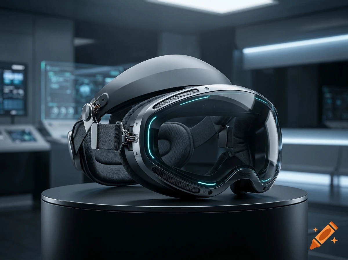 Futuristic VR headset resting on a dark pedestal in a high-tech control room, photorealistic.