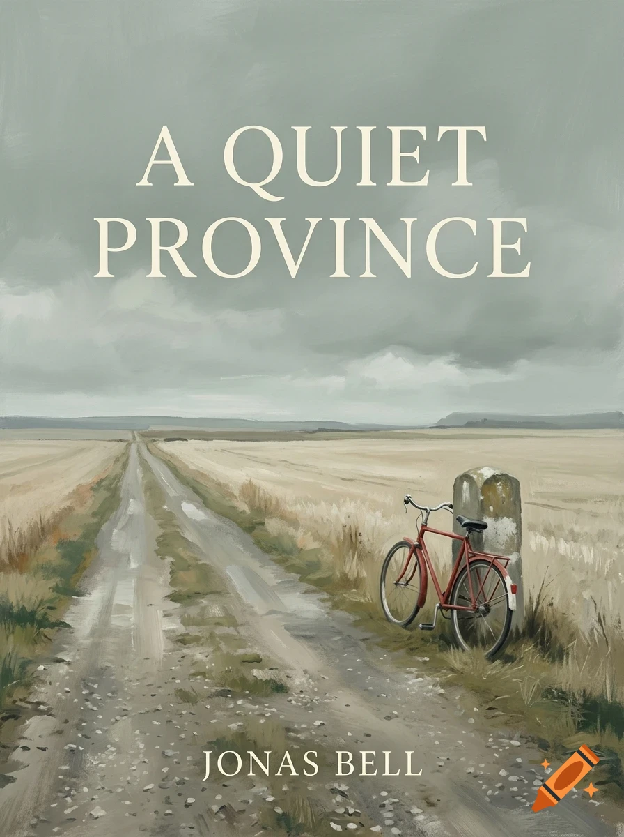 An oil painting of a red bicycle leaning against a stone marker beside a long dirt road through an open landscape under a grey sky, with the title 'A Quiet Province' and author name 'Jonas Bell'.