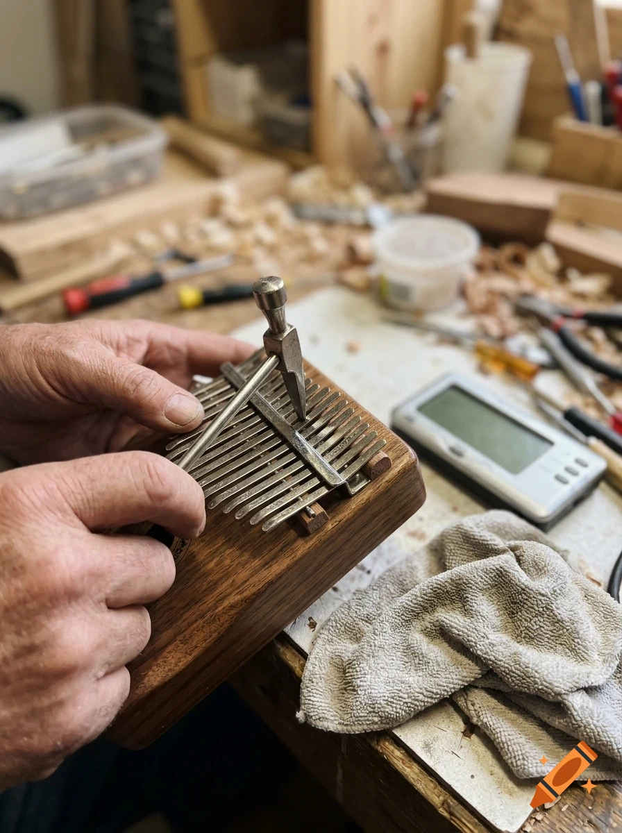 Close-up of hands crafting and tuning a wooden kalimba musical instrument in a workshop.