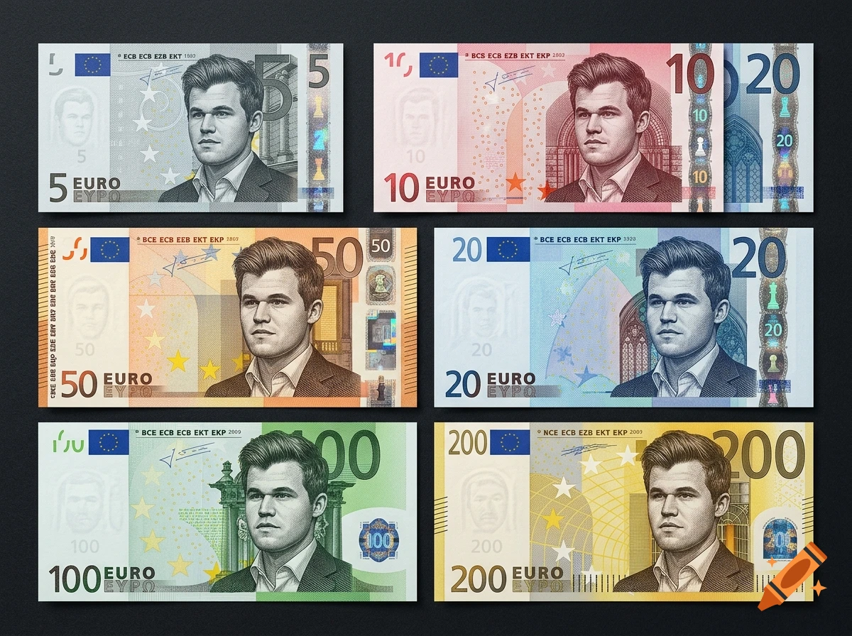 Custom euro banknotes in various denominations featuring portraits of chess player Magnus Carlsen.