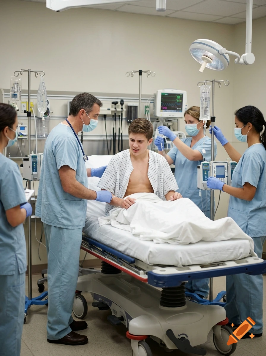 Photorealistic scene of medical staff attending to a teenage patient in a hospital room.