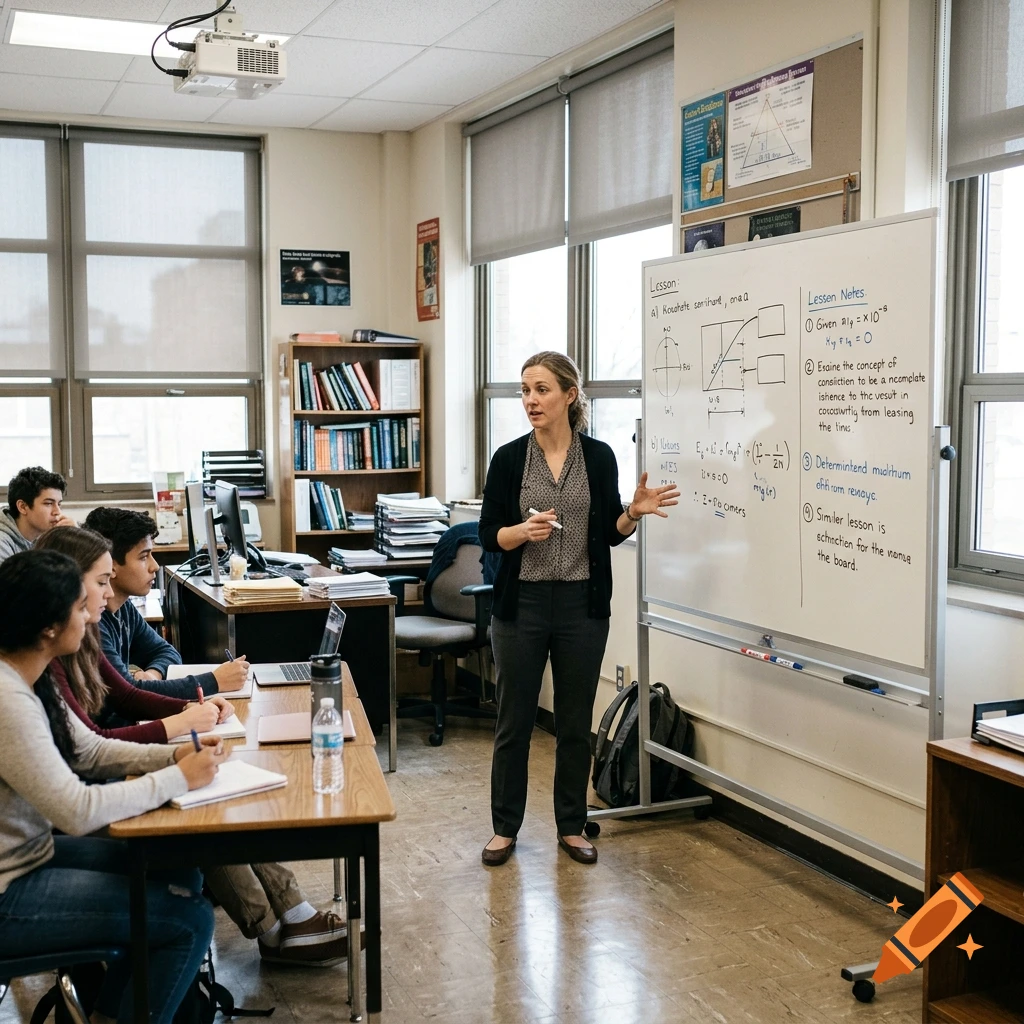 Photorealistic classroom scene with a female teacher presenting at a whiteboard while students sit at desks.