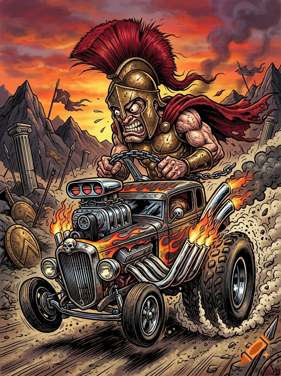 An angry Spartan soldier with a red plumed helmet driving a hot rod in a Rat Fink art style.