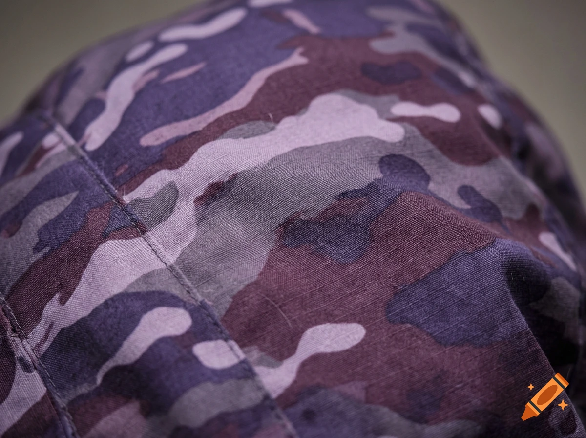Close-up photograph of purple and grey camouflage fabric with visible weave and seams.