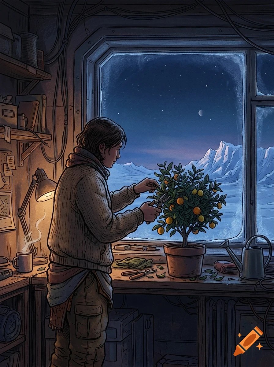 A person in a warm sweater stands by a window trimming a potted citrus tree indoors at night, with snow-covered mountains visible outside.