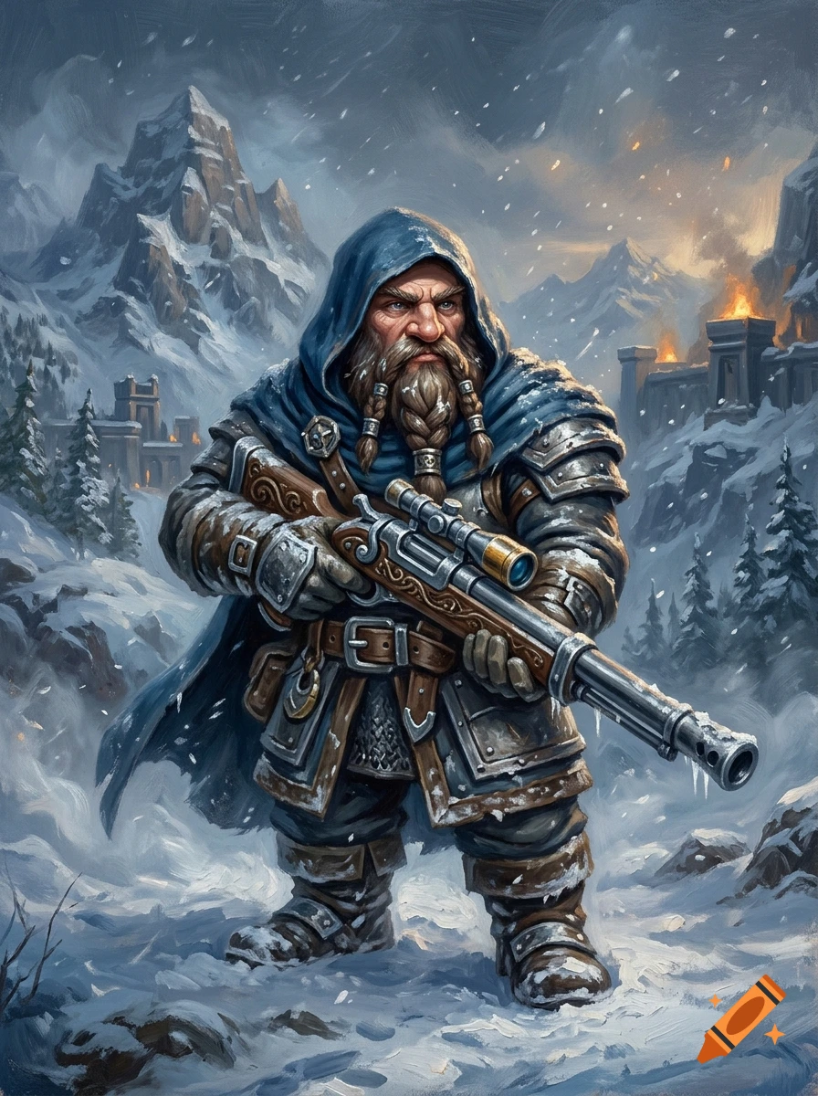 Oil painting of a dwarf sniper in a blue hood holding a rifle in a snowy mountain landscape.